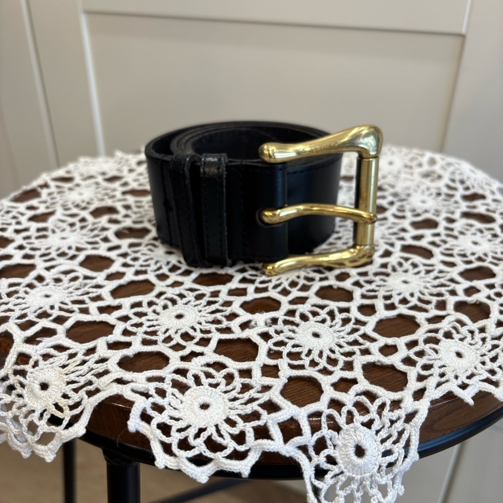 vintage Black Leather Belt with Solid Brass Buckle